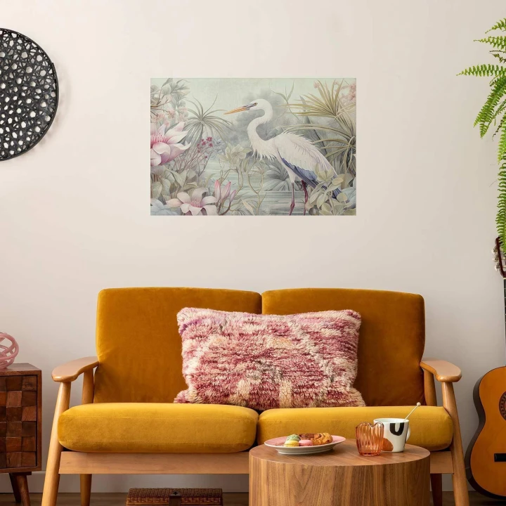 Plakat - Czapla brodząca w stawie - ilustracja w jasnej kolorystyce
