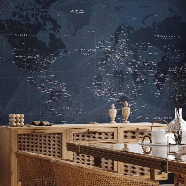 Fototapeta - Mapa świata w kolorze niebieskim - kontynenty z napisami po angielsku