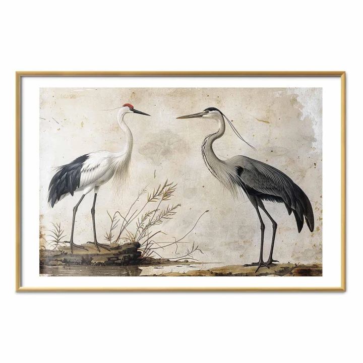 Plakat - Ptaki ze starej ryciny - ilustracja w stylu vintage przedstawiająca czaplę i żurawia