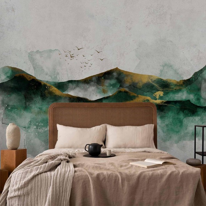 Fototapeta - Abstrakcyjny krajzielone góry ze złotymi deseniami i ptakami