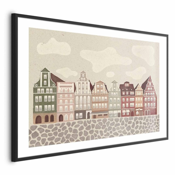 Plakat - Kolorowe Fasady - zabytkowe wrocławskie kamienice na tle nieba i brukowanej uliczki