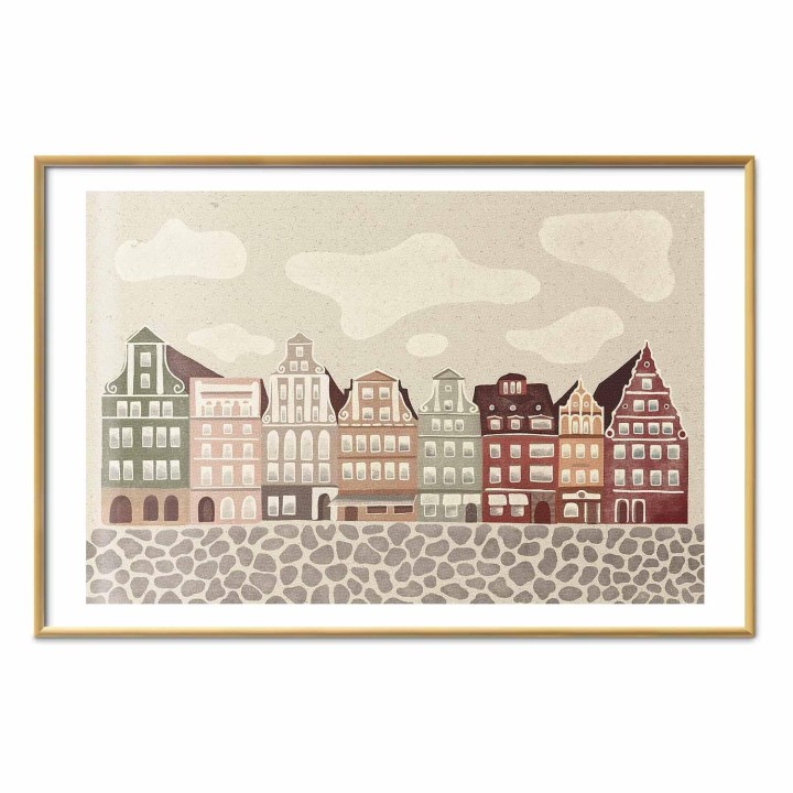 Plakat - Kolorowe Fasady - zabytkowe wrocławskie kamienice na tle nieba i brukowanej uliczki