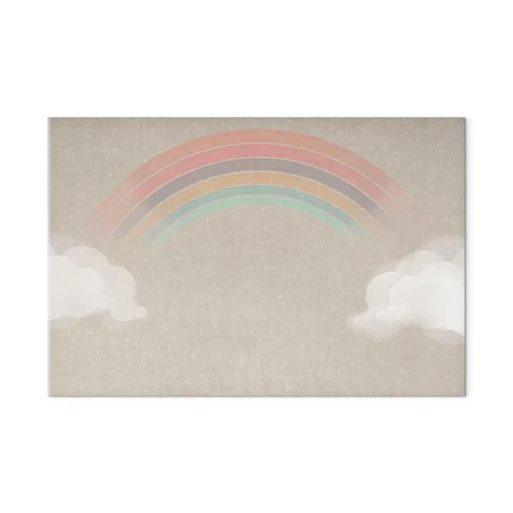 Obraz - Deszczowy czerwiec - kolorowa tęcza wychodząca z chmur na jasnym tle