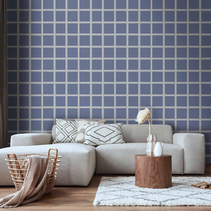 Tapeta - Linie i symetria - ekspresyjna biała krata na niebieskim tle