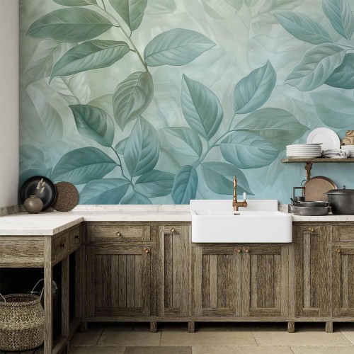 Fototapeta - Duże liście w odcieniach zielono-miętowych: motyw botaniczny