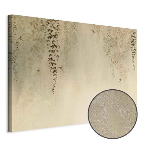 Obraz - Wiosenny sad - koliberki wśród gałęzi drzew w odcieniach beżu