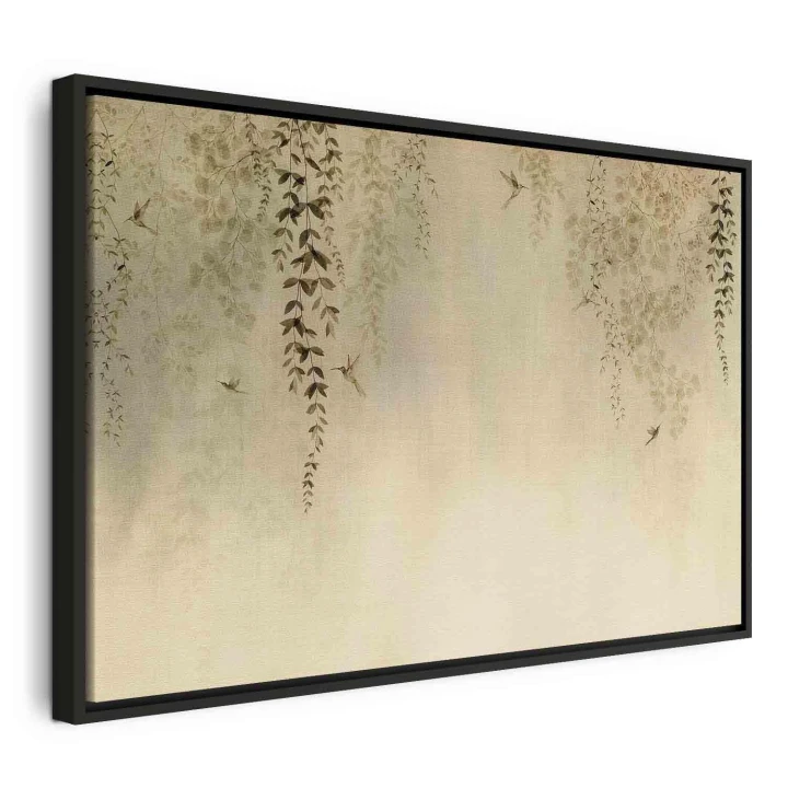 Obraz - Wiosenny sad - koliberki wśród gałęzi drzew w odcieniach beżu