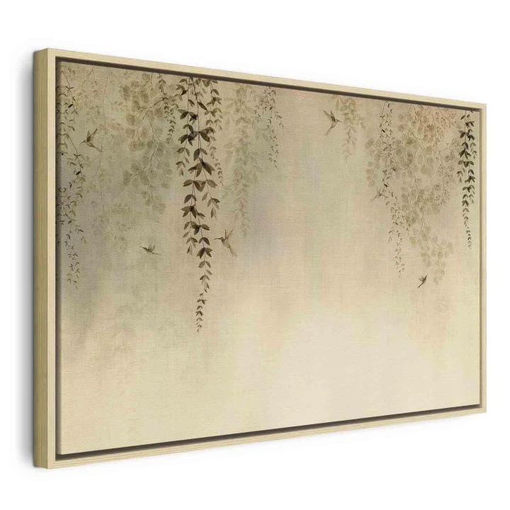 Obraz - Wiosenny sad - koliberki wśród gałęzi drzew w odcieniach beżu