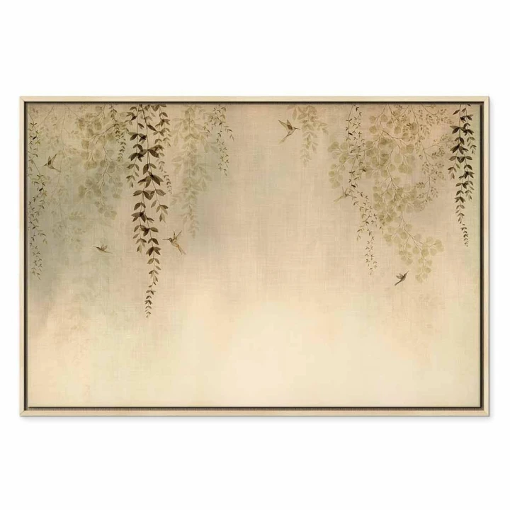 Obraz - Wiosenny sad - koliberki wśród gałęzi drzew w odcieniach beżu