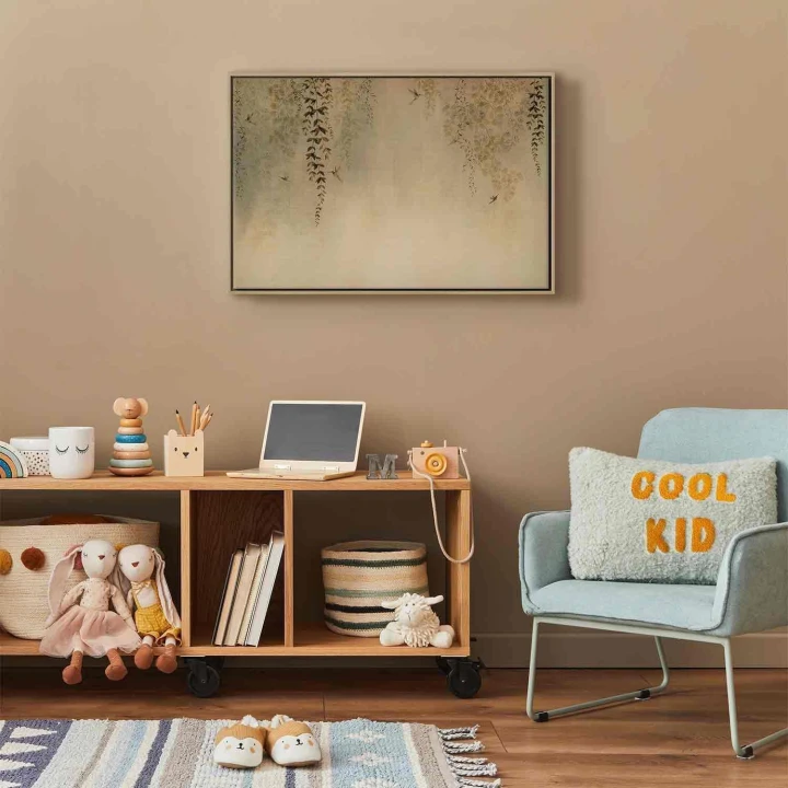 Obraz - Wiosenny sad - koliberki wśród gałęzi drzew w odcieniach beżu