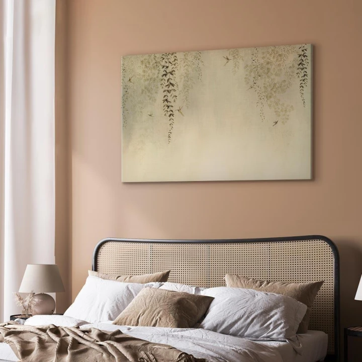 Obraz - Wiosenny sad - koliberki wśród gałęzi drzew w odcieniach beżu