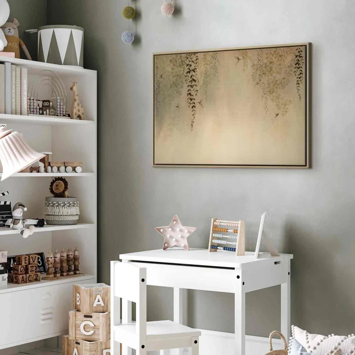 Obraz - Wiosenny sad - koliberki wśród gałęzi drzew w odcieniach beżu