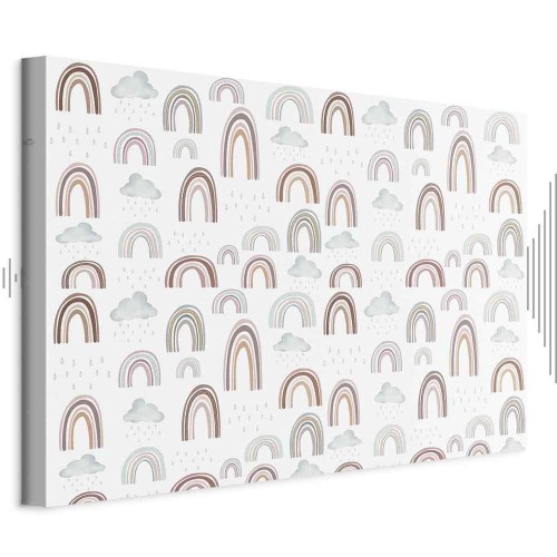 Obraz - Tęcze po burzy - Tęcze różnych wielkości w pastelowej kolorystyce wśród deszczowych chmur w odcieniu szaro-niebieskim