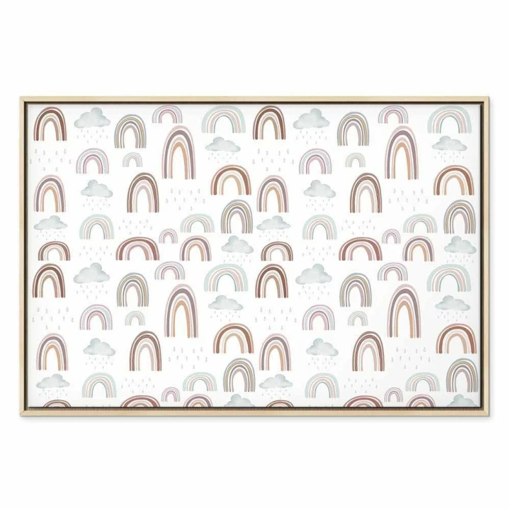 Obraz - Tęcze po burzy - Tęcze różnych wielkości w pastelowej kolorystyce wśród deszczowych chmur w odcieniu szaro-niebieskim