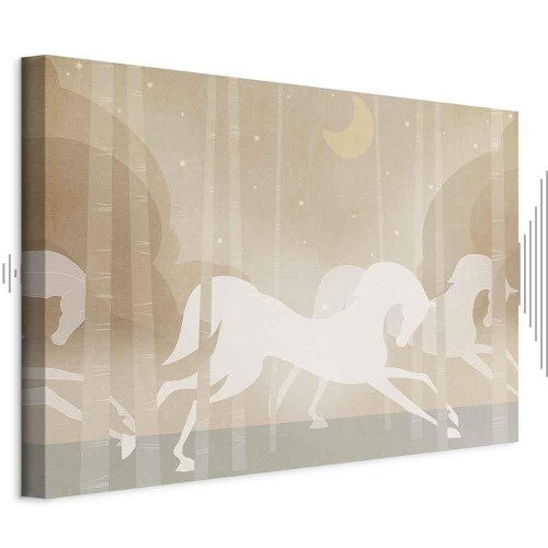 Obraz - Księżycowe rumaki - konie galopujące między drzewami w gwieździstą noc