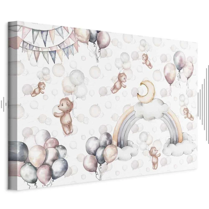 Obraz - Zabawkowe misie z balonikami - Latające pluszowe misie pośród balonów chmur i tęczy w subtelnej pastelowej kolorystyce