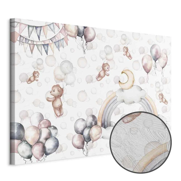 Obraz - Zabawkowe misie z balonikami - Latające pluszowe misie pośród balonów chmur i tęczy w subtelnej pastelowej kolorystyce