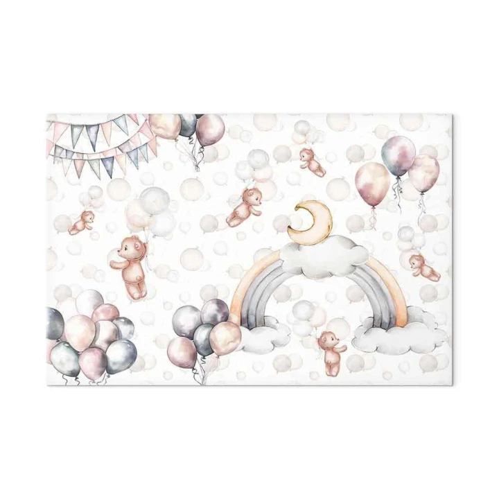 Obraz - Zabawkowe misie z balonikami - Latające pluszowe misie pośród balonów chmur i tęczy w subtelnej pastelowej kolorystyce