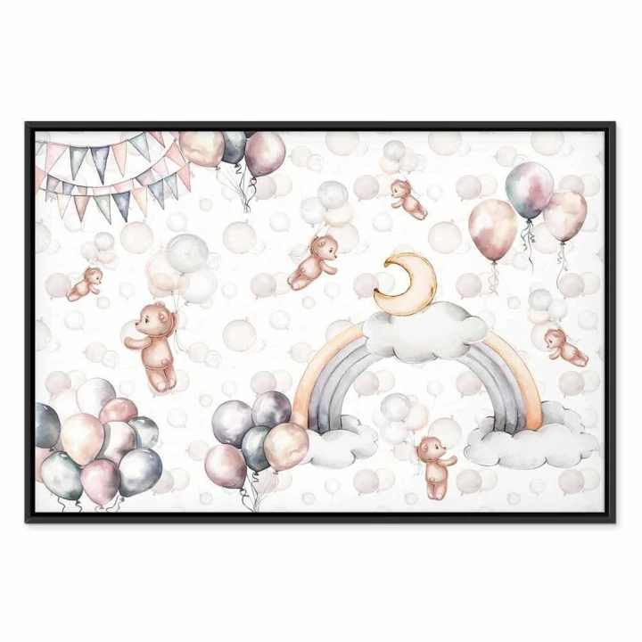 Obraz - Zabawkowe misie z balonikami - Latające pluszowe misie pośród balonów chmur i tęczy w subtelnej pastelowej kolorystyce