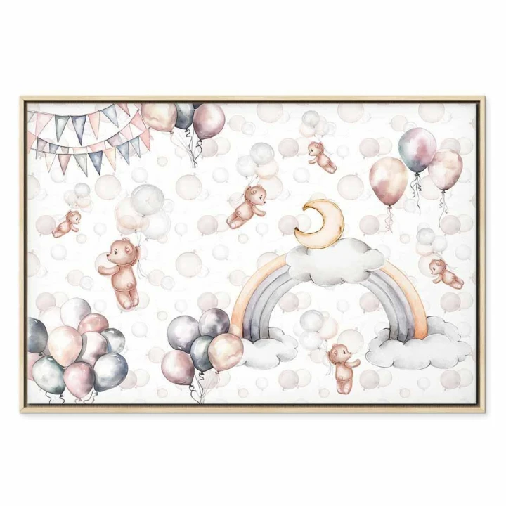 Obraz - Zabawkowe misie z balonikami - Latające pluszowe misie pośród balonów chmur i tęczy w subtelnej pastelowej kolorystyce