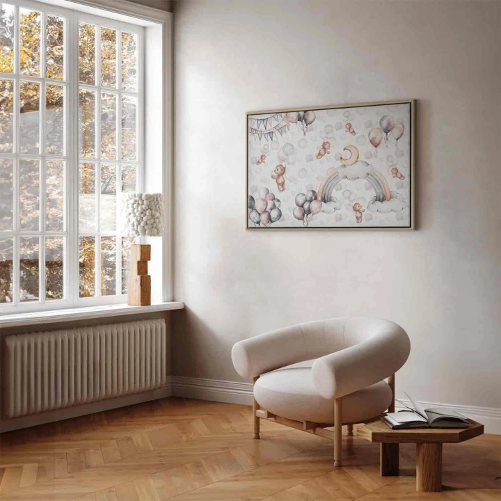 Obraz - Zabawkowe misie z balonikami - Latające pluszowe misie pośród balonów chmur i tęczy w subtelnej pastelowej kolorystyce