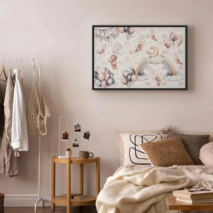 Obraz - Zabawkowe misie z balonikami - Latające pluszowe misie pośród balonów chmur i tęczy w subtelnej pastelowej kolorystyce