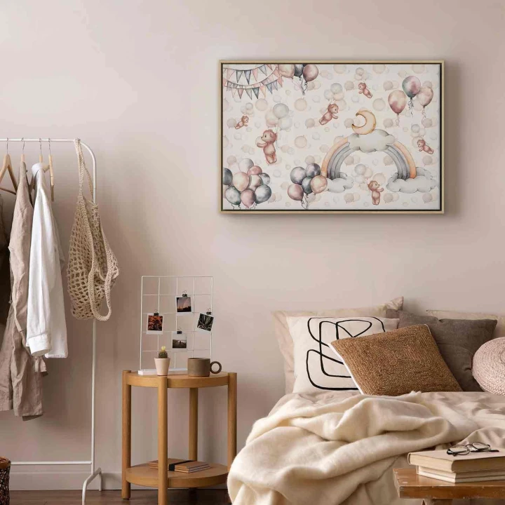 Obraz - Zabawkowe misie z balonikami - Latające pluszowe misie pośród balonów chmur i tęczy w subtelnej pastelowej kolorystyce