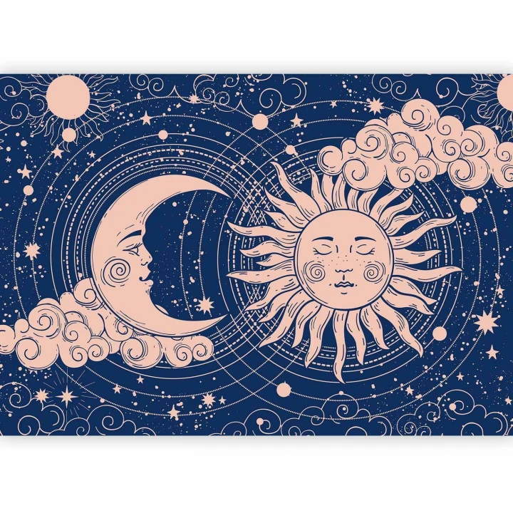 Fototapeta - Kosmiczna Harmonia - ilustracja słońca i księżyca na granatowym tle