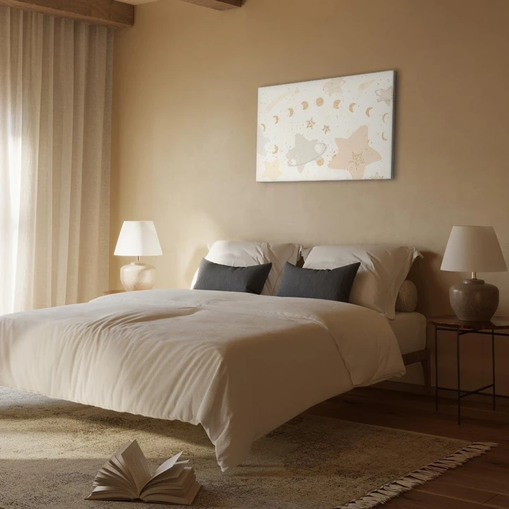 Obraz - Bajeczna galaktyka - Fazy księżyca w odcieniach żółci wśród gwiazdek w barwach beżu i popielu z gwiezdnym pyłem