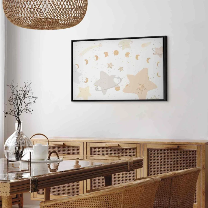 Obraz - Bajeczna galaktyka - Fazy księżyca w odcieniach żółci wśród gwiazdek w barwach beżu i popielu z gwiezdnym pyłem