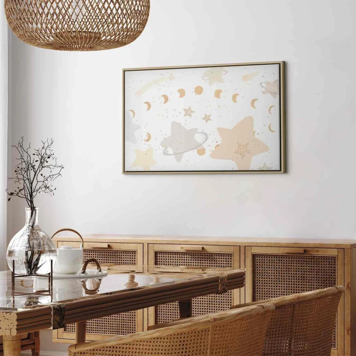 Obraz - Bajeczna galaktyka - Fazy księżyca w odcieniach żółci wśród gwiazdek w barwach beżu i popielu z gwiezdnym pyłem