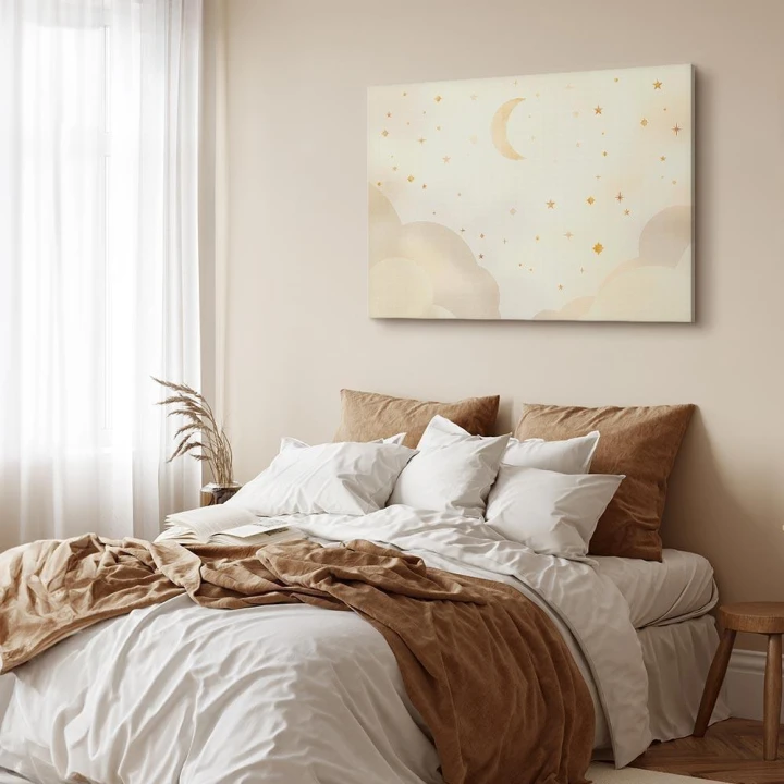 Obraz - Jasna noc - księżyc w towarzystwie wielu gwiazd na jasnym tle