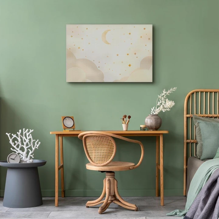 Obraz - Jasna noc - księżyc w towarzystwie wielu gwiazd na jasnym tle