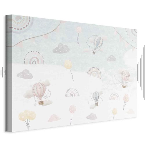 Obraz - Niebo z balonami - Balony w stonowanej kolorystyce latające po niebie wśród chmur tęczy i gwiazd