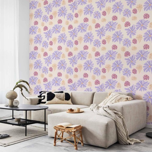 Tapeta - Latające kwiatuszki - Drobne - unoszące się na wietrze kwiatki w trzech kolorach - na jasnym tle