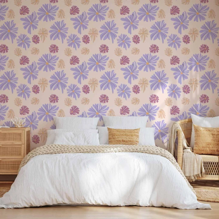 Tapeta - Latające kwiatuszki - Drobne - unoszące się na wietrze kwiatki w trzech kolorach - na jasnym tle