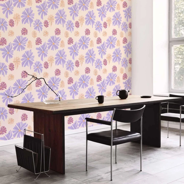 Tapeta - Latające kwiatuszki - Drobne - unoszące się na wietrze kwiatki w trzech kolorach - na jasnym tle