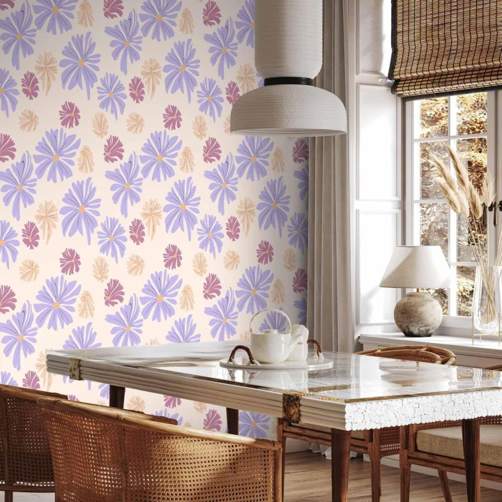 Tapeta - Latające kwiatuszki - Drobne - unoszące się na wietrze kwiatki w trzech kolorach - na jasnym tle