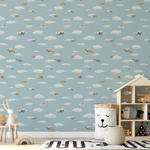 Tapeta - Ilustracja - żółto - niebieskie samoloty na tle błękitnego nieba