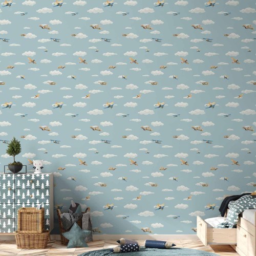 Tapeta - Ilustracja - żółto - niebieskie samoloty na tle błękitnego nieba