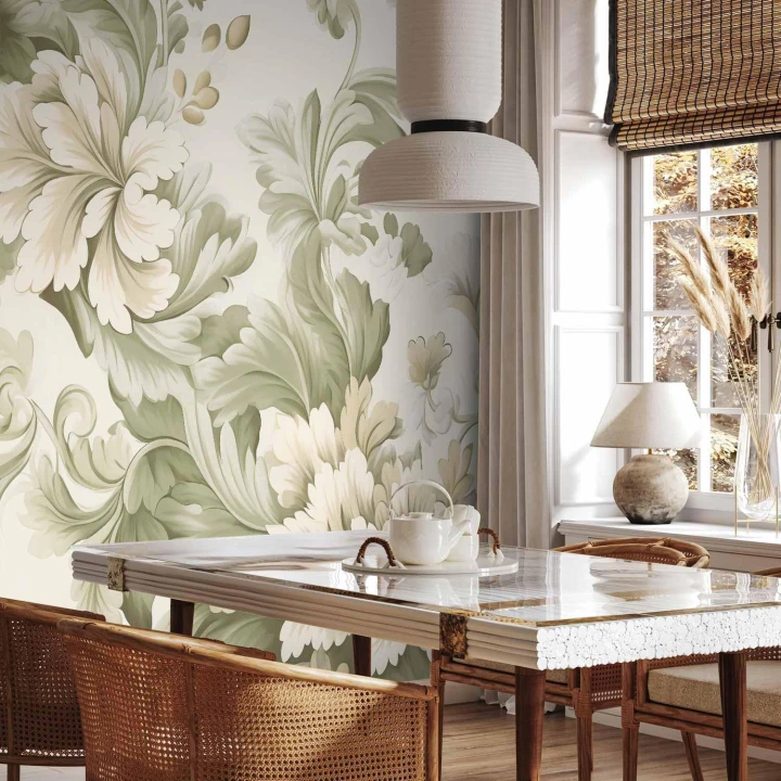 Fototapeta - Retro vintage kwiaty w delikatnych kolorach kremowych i zielonych