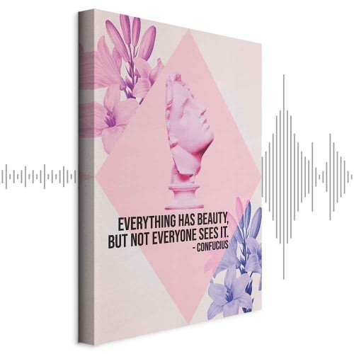 Obraz - Piękno w Oczach - inspirujący cytat z różowym popiersiem i kwiatami