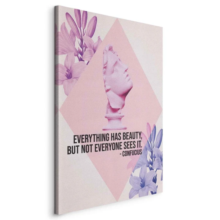 Obraz - Piękno w Oczach - inspirujący cytat z różowym popiersiem i kwiatami
