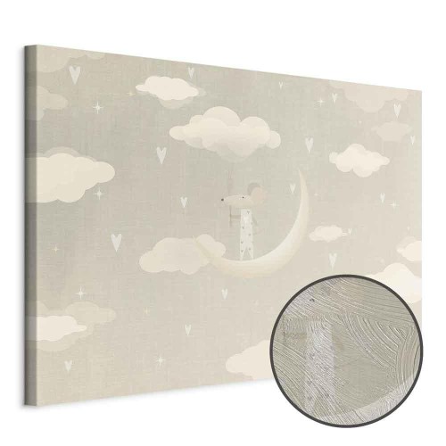 Obraz - Mały zdobywca - myszka w piżamce w serca na księżycu wśród chmur