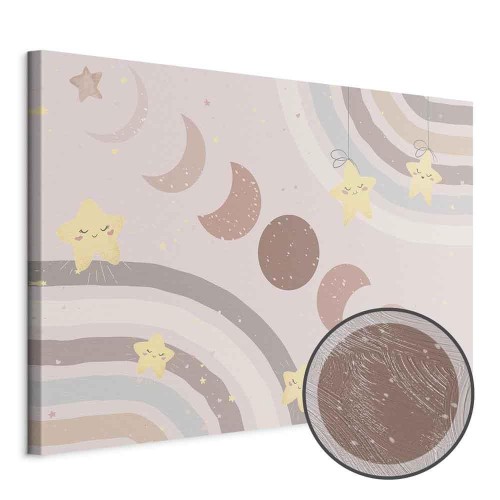 Obraz - Radosne niebo - Żółte wesołe gwiazdki z tęczą na tle faz księżyca na niebie w kolorystyce jasnego beżu