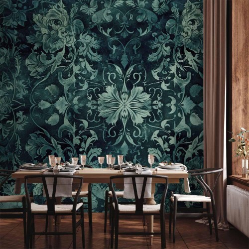 Fototapeta - Wzór orientalny dywanowy: szmaragdowe ornamenty i przetarte wzory