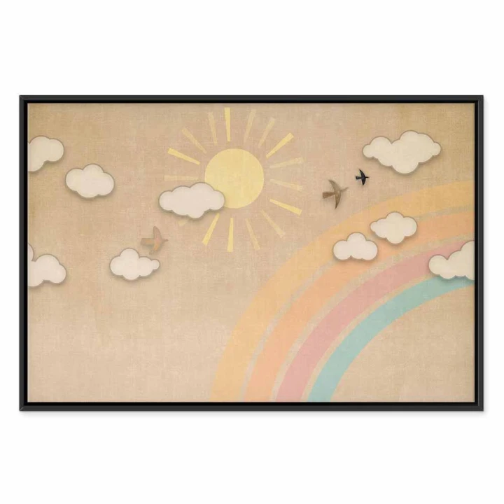 Obraz - Wakacyjne niebo - słoneczny dzień z tęczą i odlatujące ptaszki