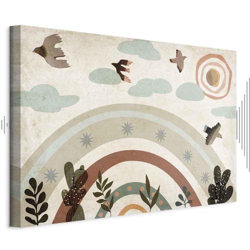 Obraz - Tęcza i słońce u góry - Ptaki w stonowanych barwach latające pośród chmur nad tęczą i różnorodnymi roślinami na jasnym tle