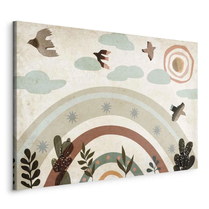 Obraz - Tęcza i słońce u góry - Ptaki w stonowanych barwach latające pośród chmur nad tęczą i różnorodnymi roślinami na jasnym tle