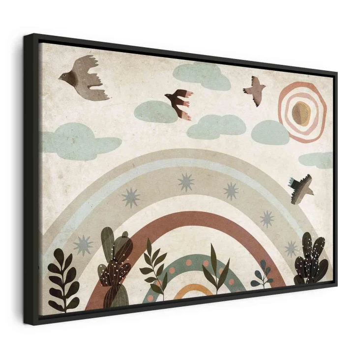 Obraz - Tęcza i słońce u góry - Ptaki w stonowanych barwach latające pośród chmur nad tęczą i różnorodnymi roślinami na jasnym tle